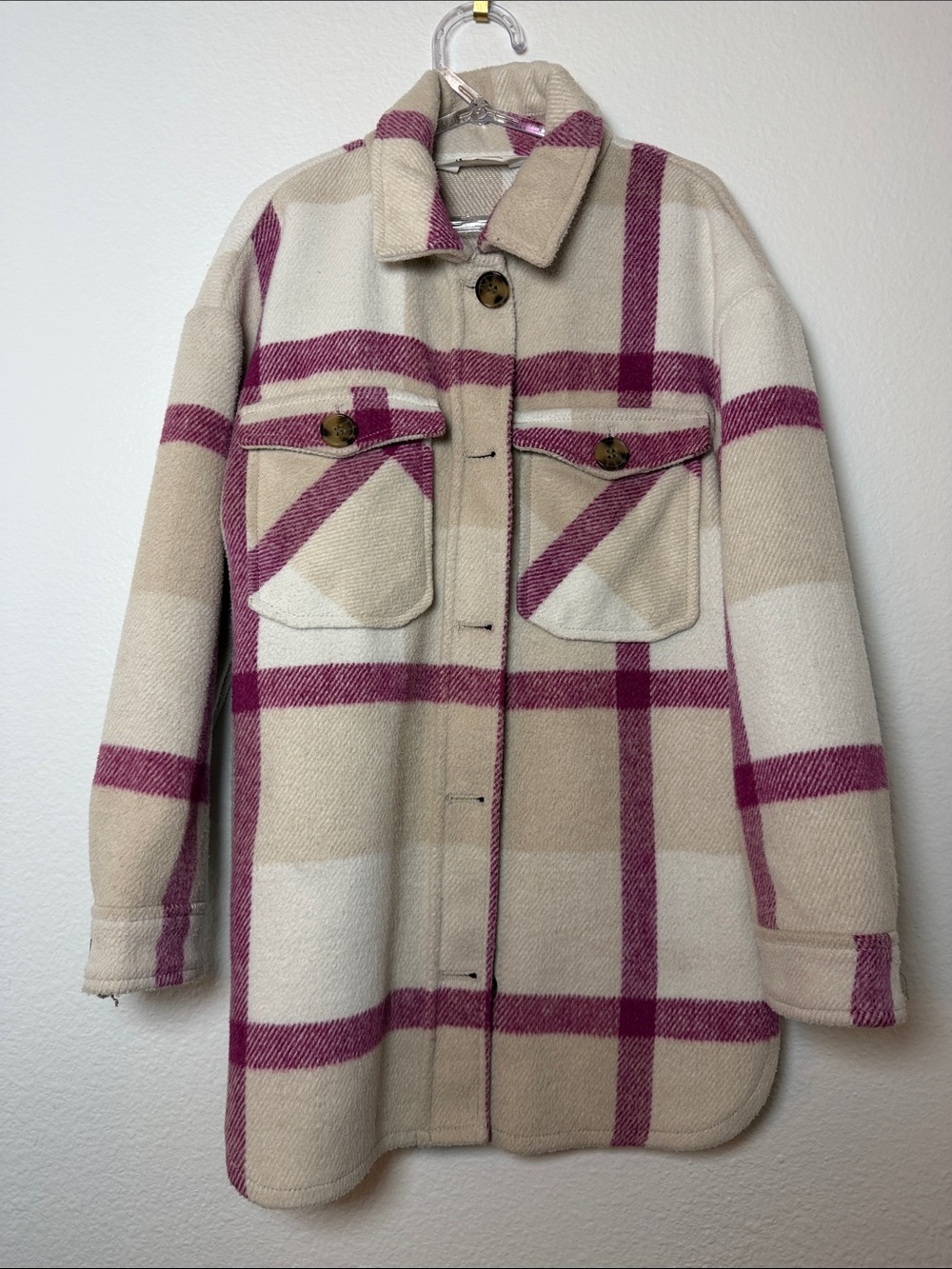 H&M Cream & Magenta Plaid Utility Shacket